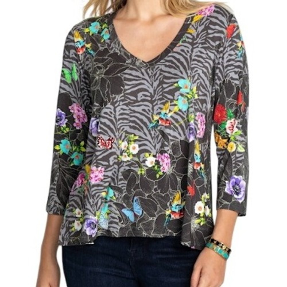 Johnny Was Zippy‎ Favorite 3/4 Sleeve V Neck Swing Top XXS Black Floral Boho